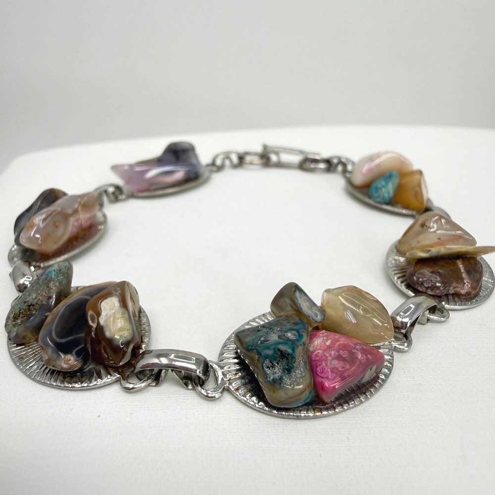 Gemstone Nugget Link Bracelet Agate Amethyst‎ Boho Southwestern Silver Tone MCM